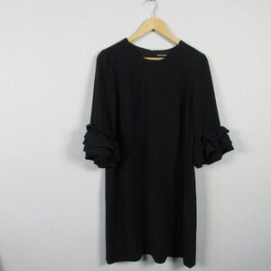 Club Monaco Crepe Mini Dress 6 Black 3/4 Ruffle Sleeve Lined Shift Luxury 424